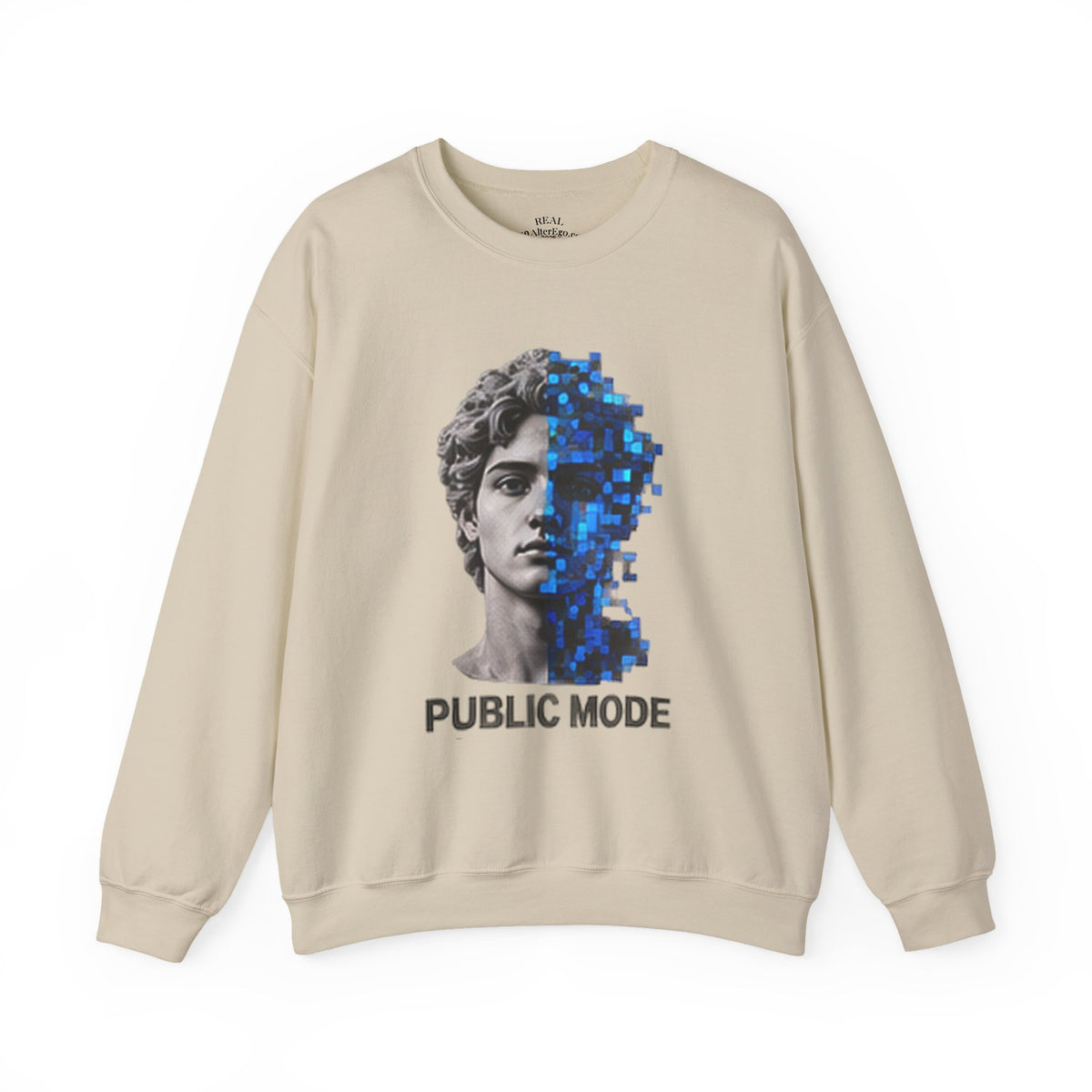 Public Mode Crewneck Sweatshirt — Pixelated Statue Graphic
