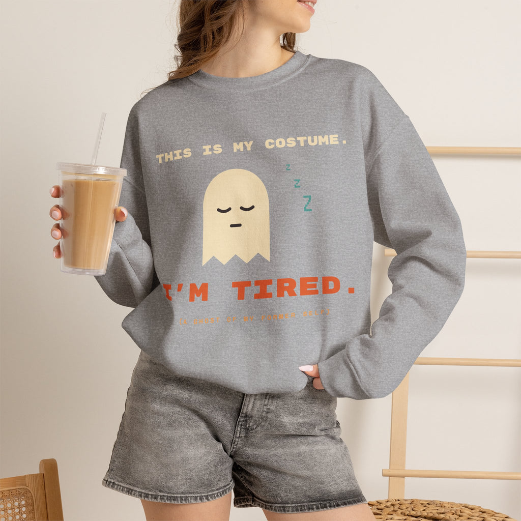 Crewneck Sweatshirt - "This Is My Costume. I’m Tired." Cute Sleepy Ghost Graphic