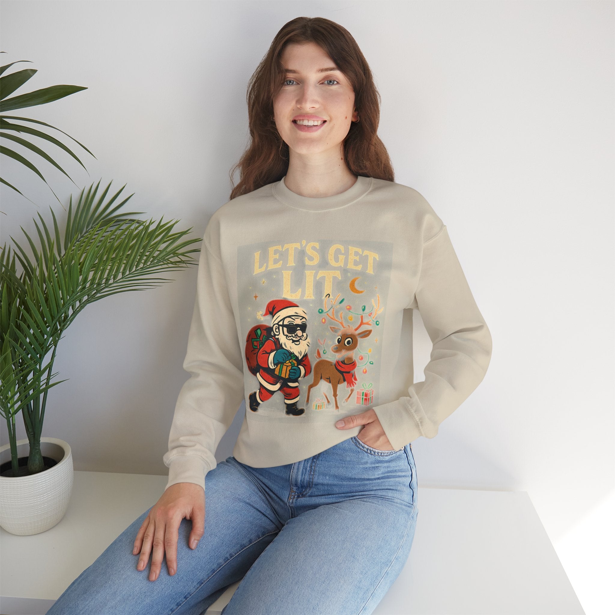 Crewneck Sweatshirt — 'Let's Get Lit' Santa & Reindeer Christmas Pullover