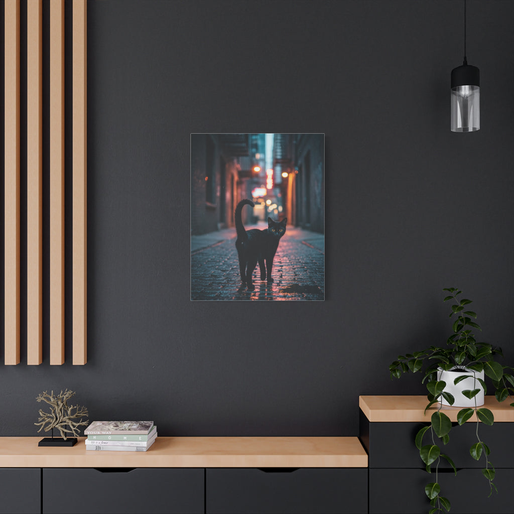 Black Cat Alley Matte Canvas Print — Noir Street Photography Wall Art