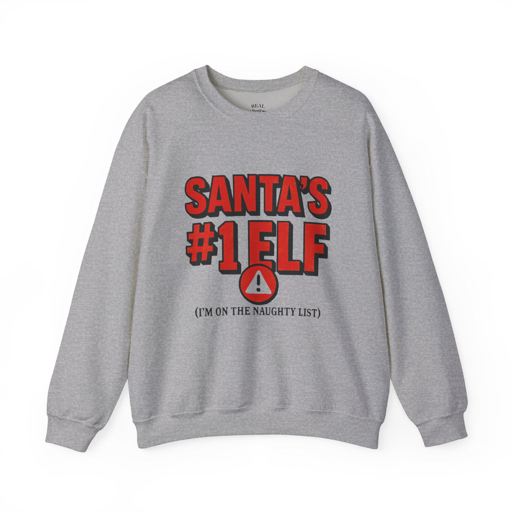 Santa's #1 Elf Crewneck Sweatshirt - Funny Holiday Christmas Sweater (I'm on the Naughty List)
