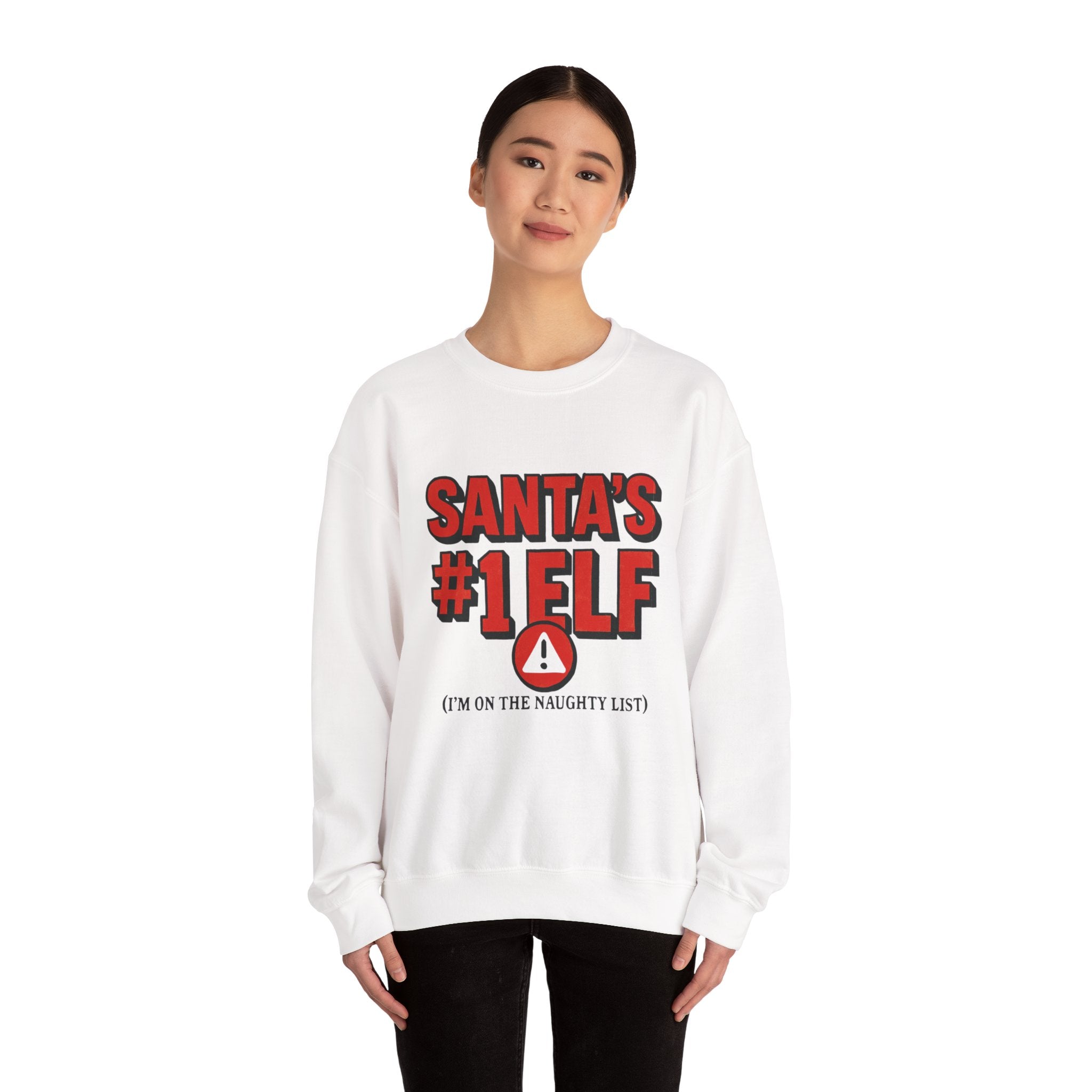 Santa's #1 Elf Crewneck Sweatshirt - Funny Holiday Christmas Sweater (I'm on the Naughty List)