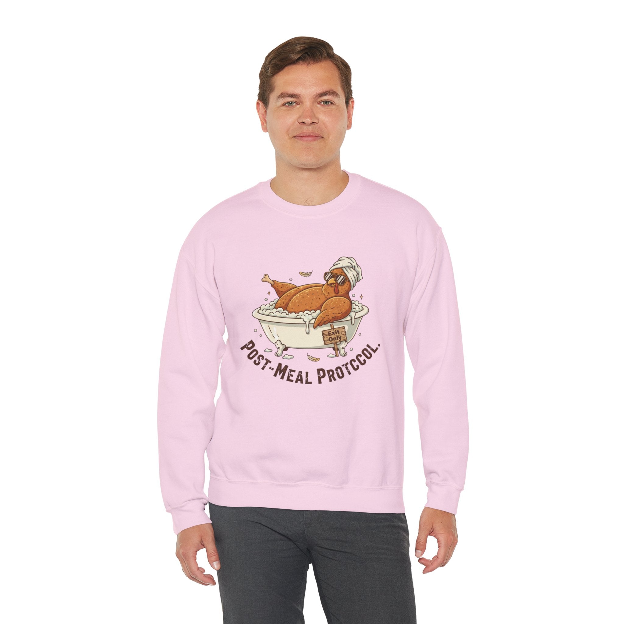 Crewneck Sweatshirt — "Post-Meal Protocol" Turkey Bath Cozy Graphic Pullover