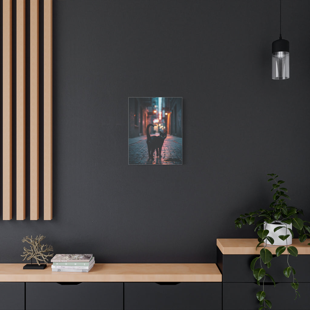 Black Cat Alley Matte Canvas Print — Noir Street Photography Wall Art