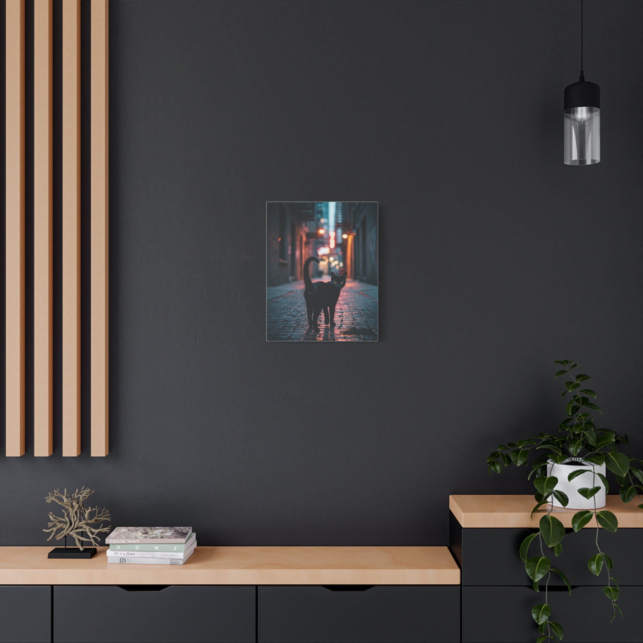 Black Cat Alley Matte Canvas Print — Noir Street Photography Wall Art