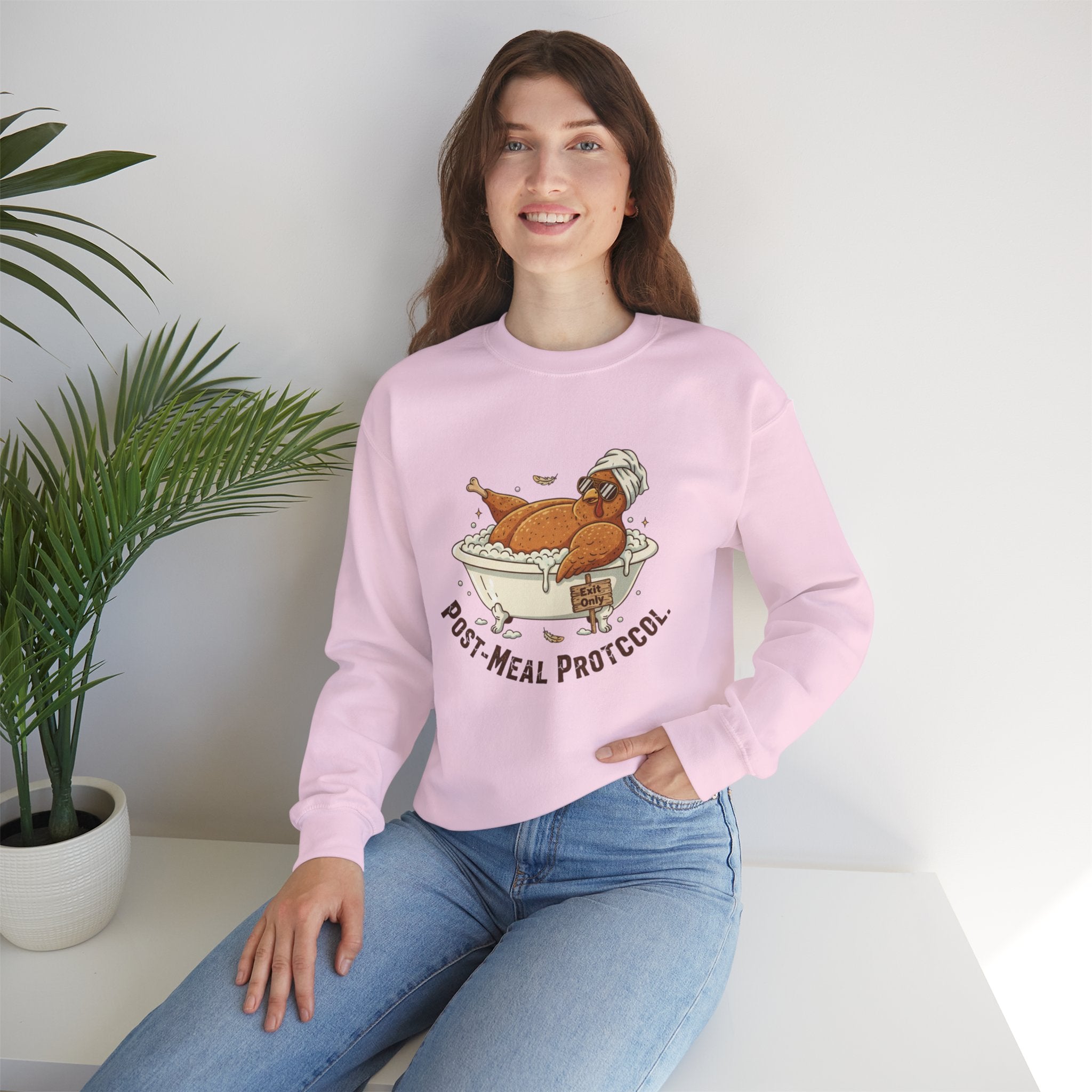 Crewneck Sweatshirt — "Post-Meal Protocol" Turkey Bath Cozy Graphic Pullover