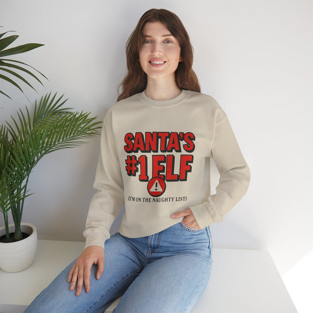 Santa's #1 Elf Crewneck Sweatshirt - Funny Holiday Christmas Sweater (I'm on the Naughty List)