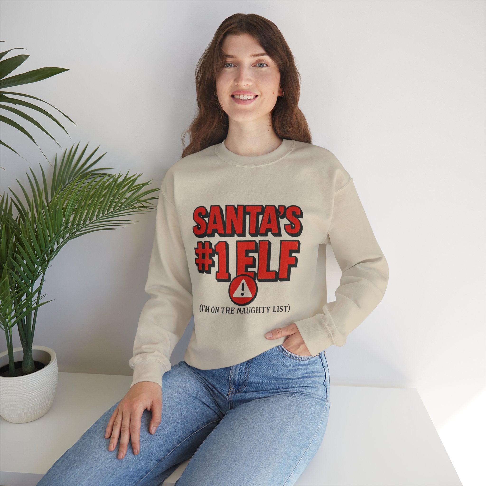 Santa's #1 Elf Crewneck Sweatshirt - Funny Holiday Christmas Sweater (I'm on the Naughty List)