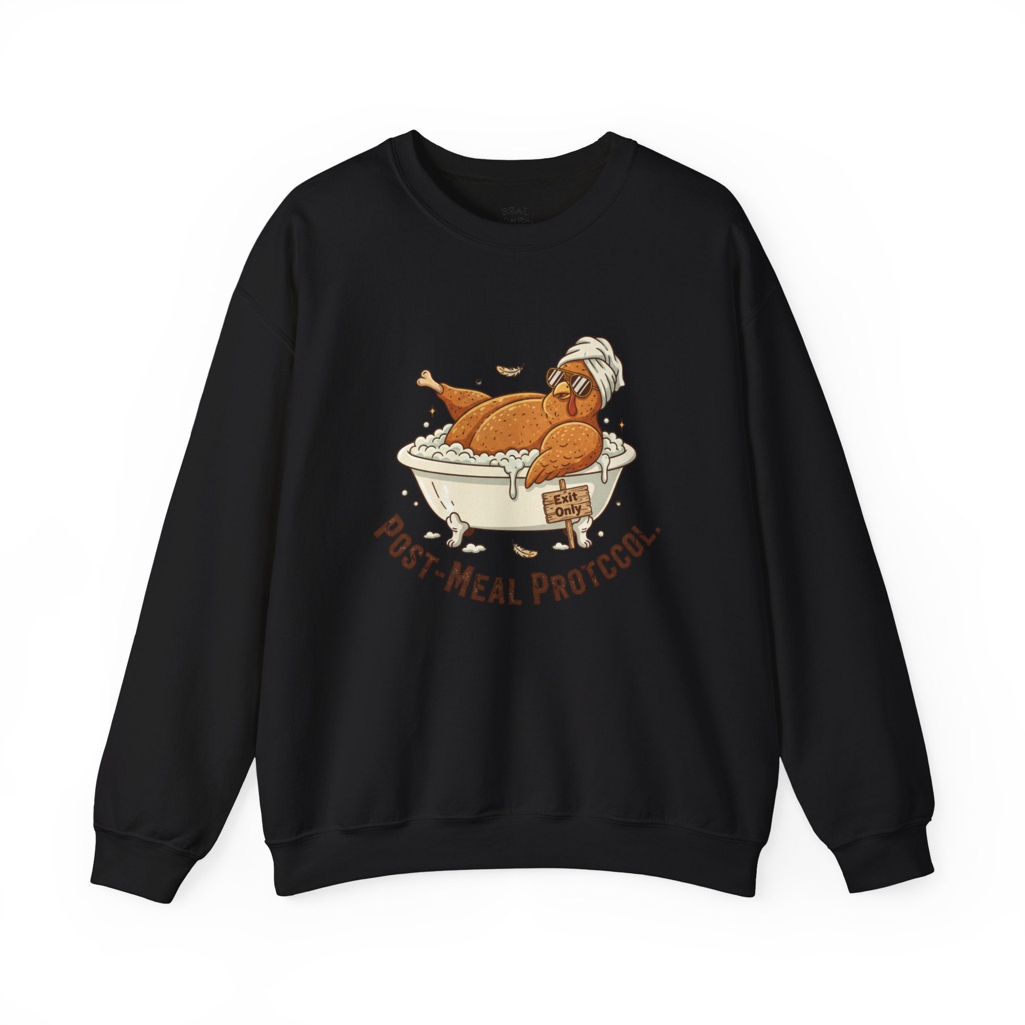 Crewneck Sweatshirt — "Post-Meal Protocol" Turkey Bath Cozy Graphic Pullover