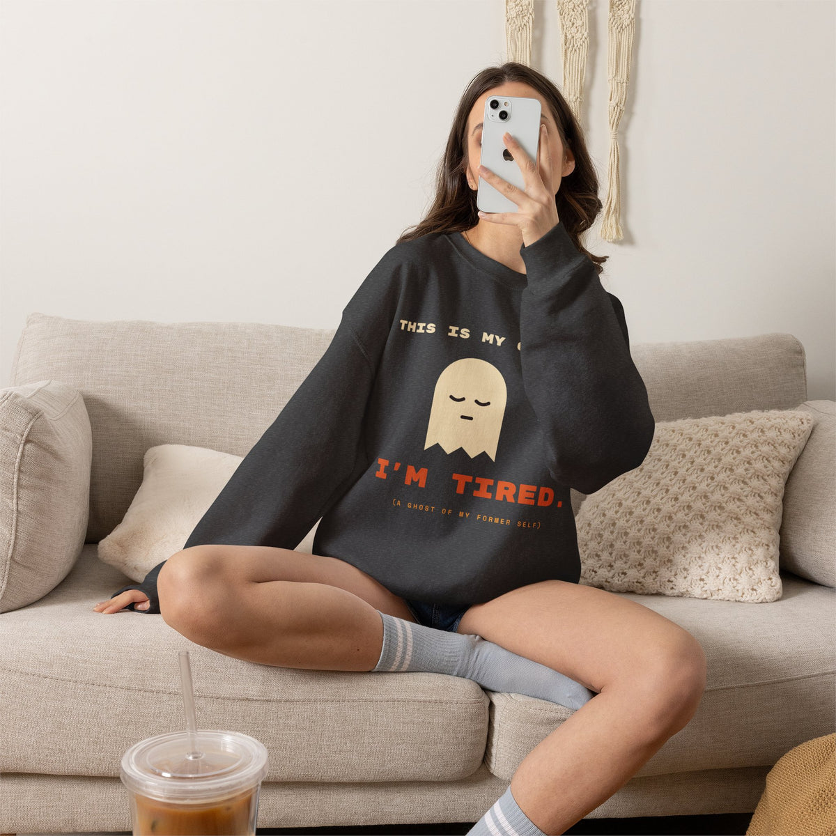 Crewneck Sweatshirt - "This Is My Costume. I’m Tired." Cute Sleepy Ghost Graphic