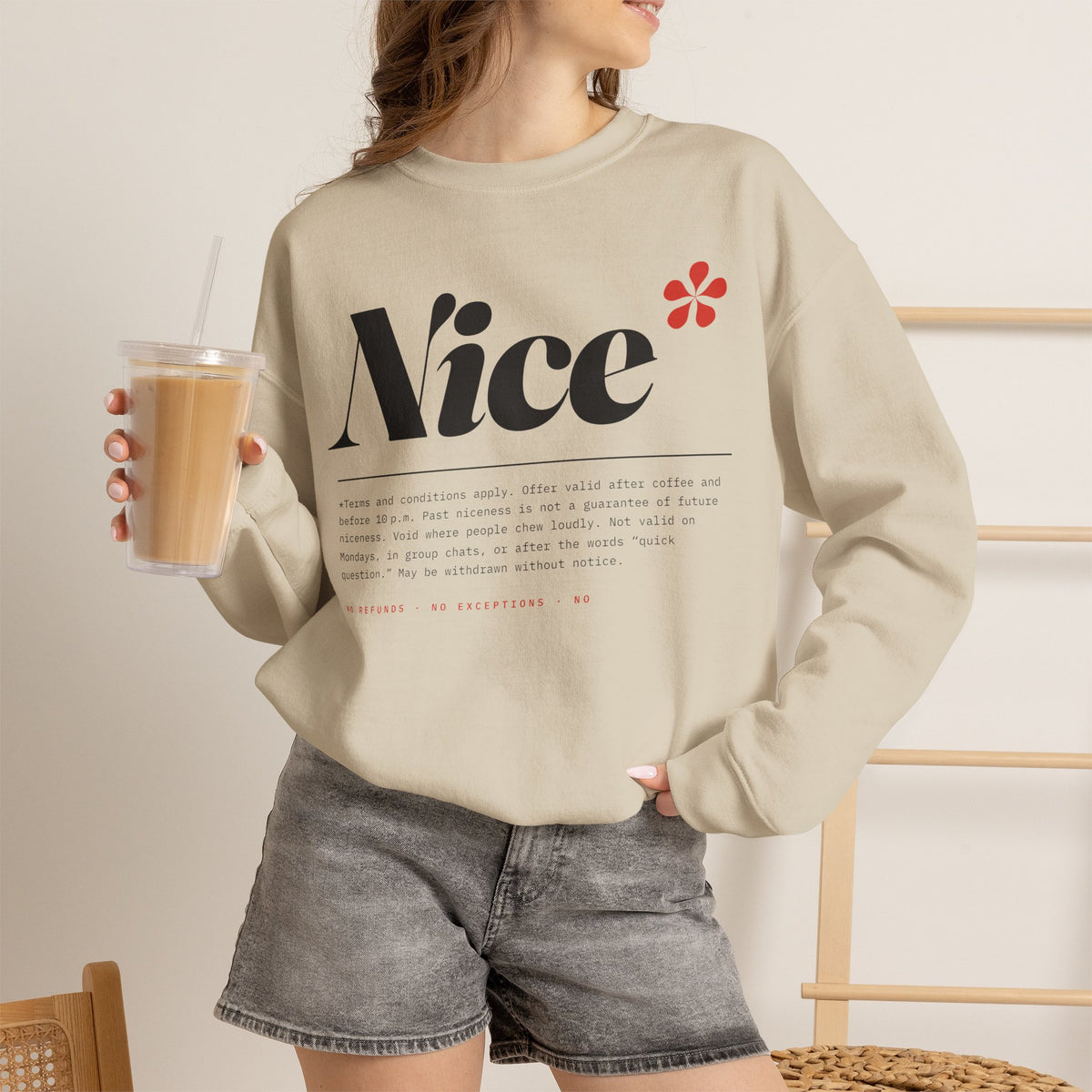 Nice Graphic Crewneck Sweatshirt - Minimal Text Logo Pullover