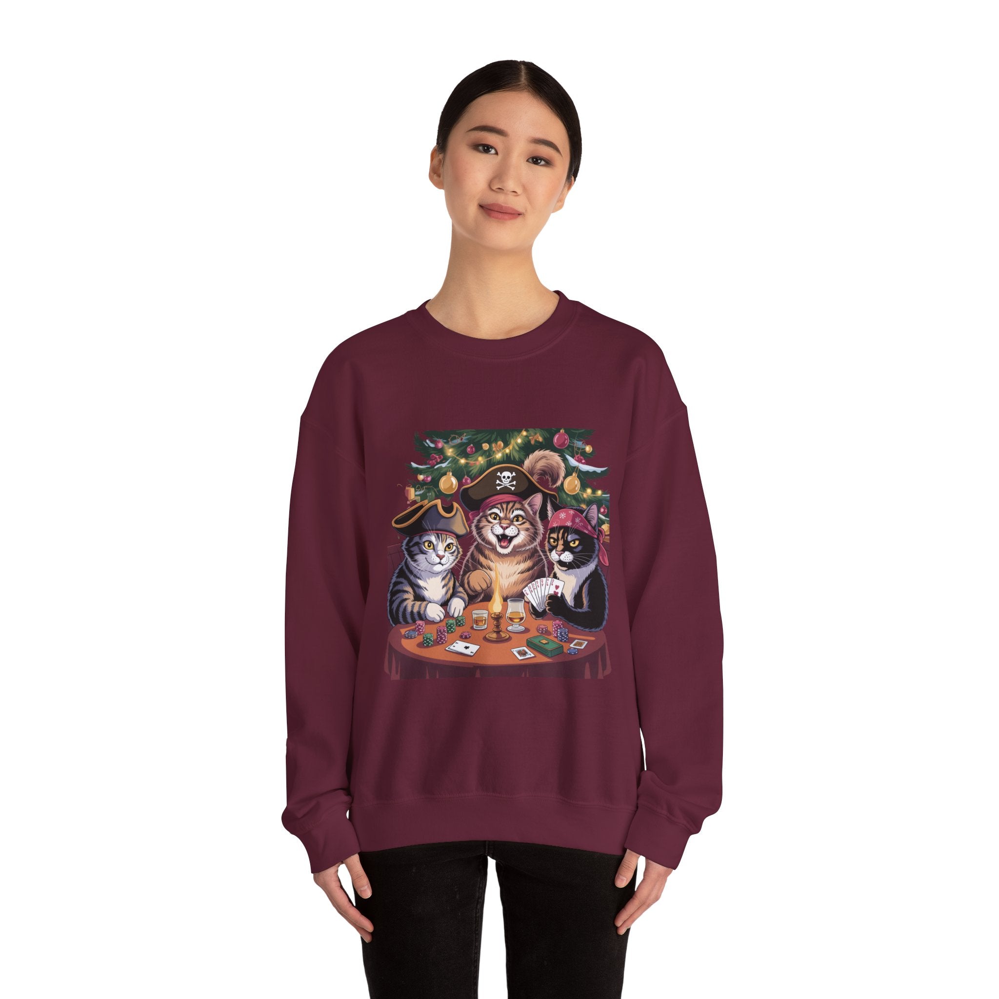 Holiday Pirate Cats Crewneck Sweatshirt – Poker Night at the Christmas Tree