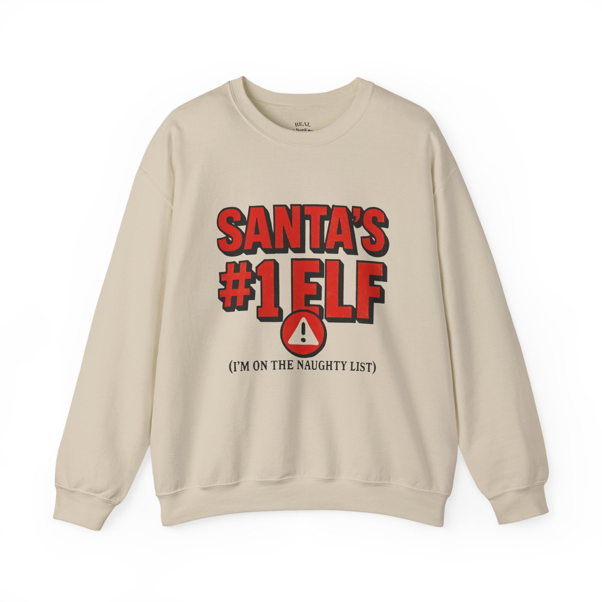 Santa's #1 Elf Crewneck Sweatshirt - Funny Holiday Christmas Sweater (I'm on the Naughty List)