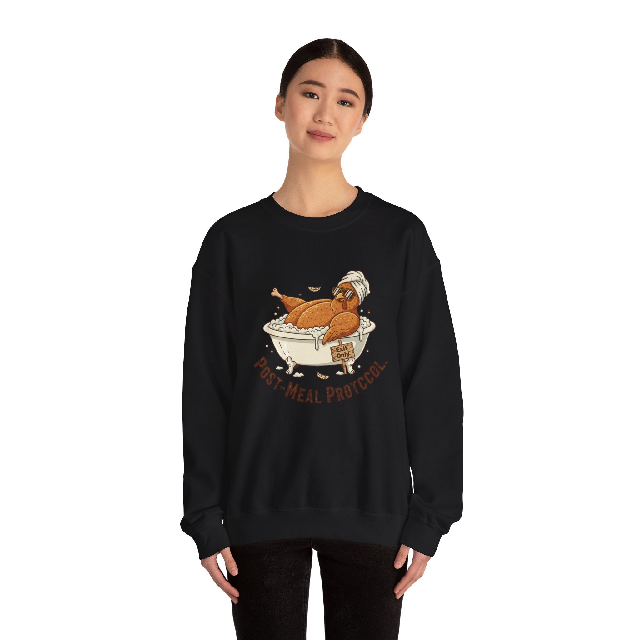 Crewneck Sweatshirt — "Post-Meal Protocol" Turkey Bath Cozy Graphic Pullover