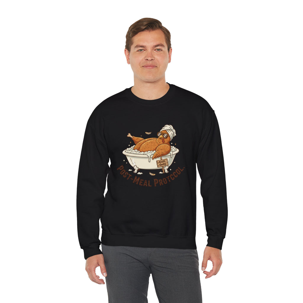 Crewneck Sweatshirt — "Post-Meal Protocol" Turkey Bath Cozy Graphic Pullover