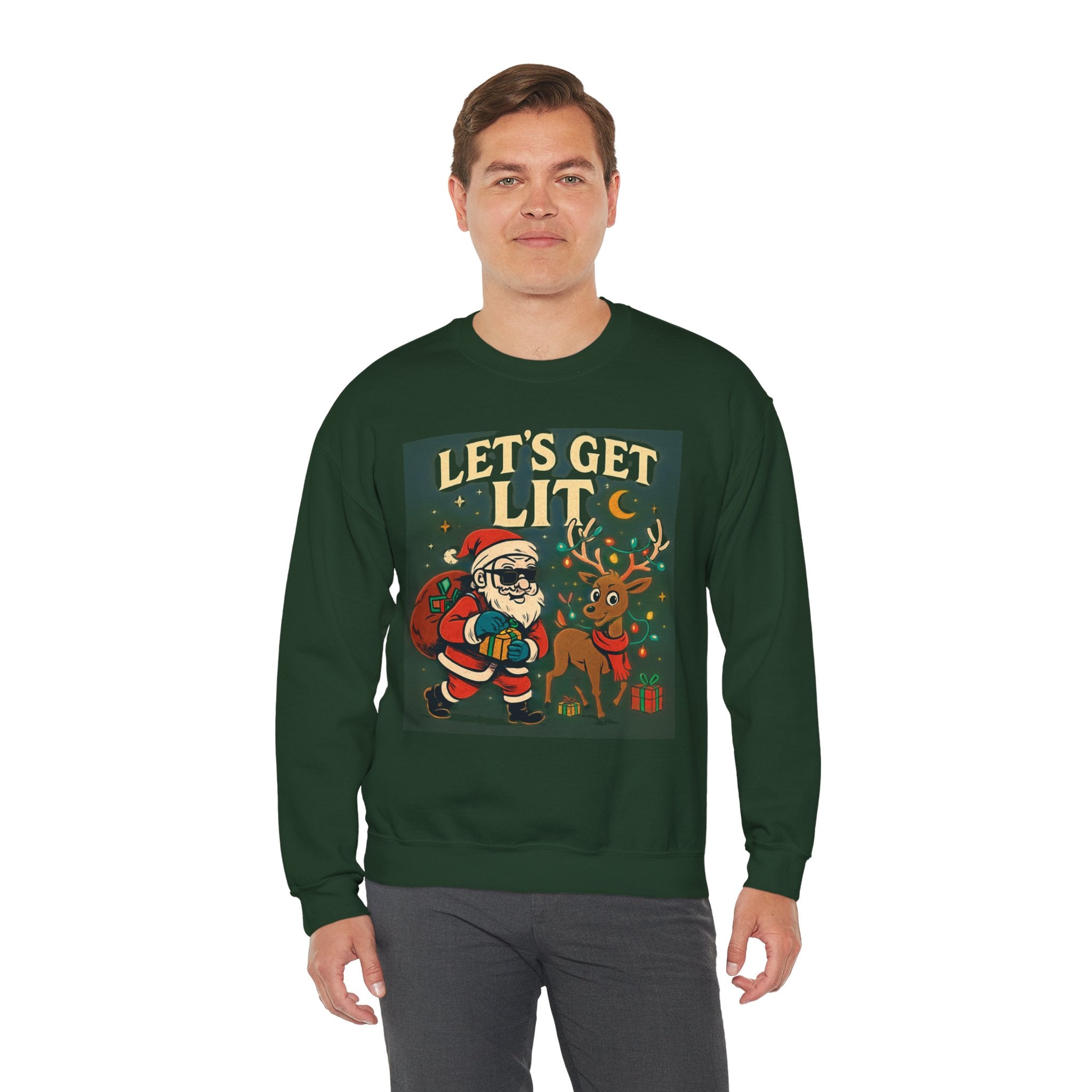 Crewneck Sweatshirt — 'Let's Get Lit' Santa & Reindeer Christmas Pullover