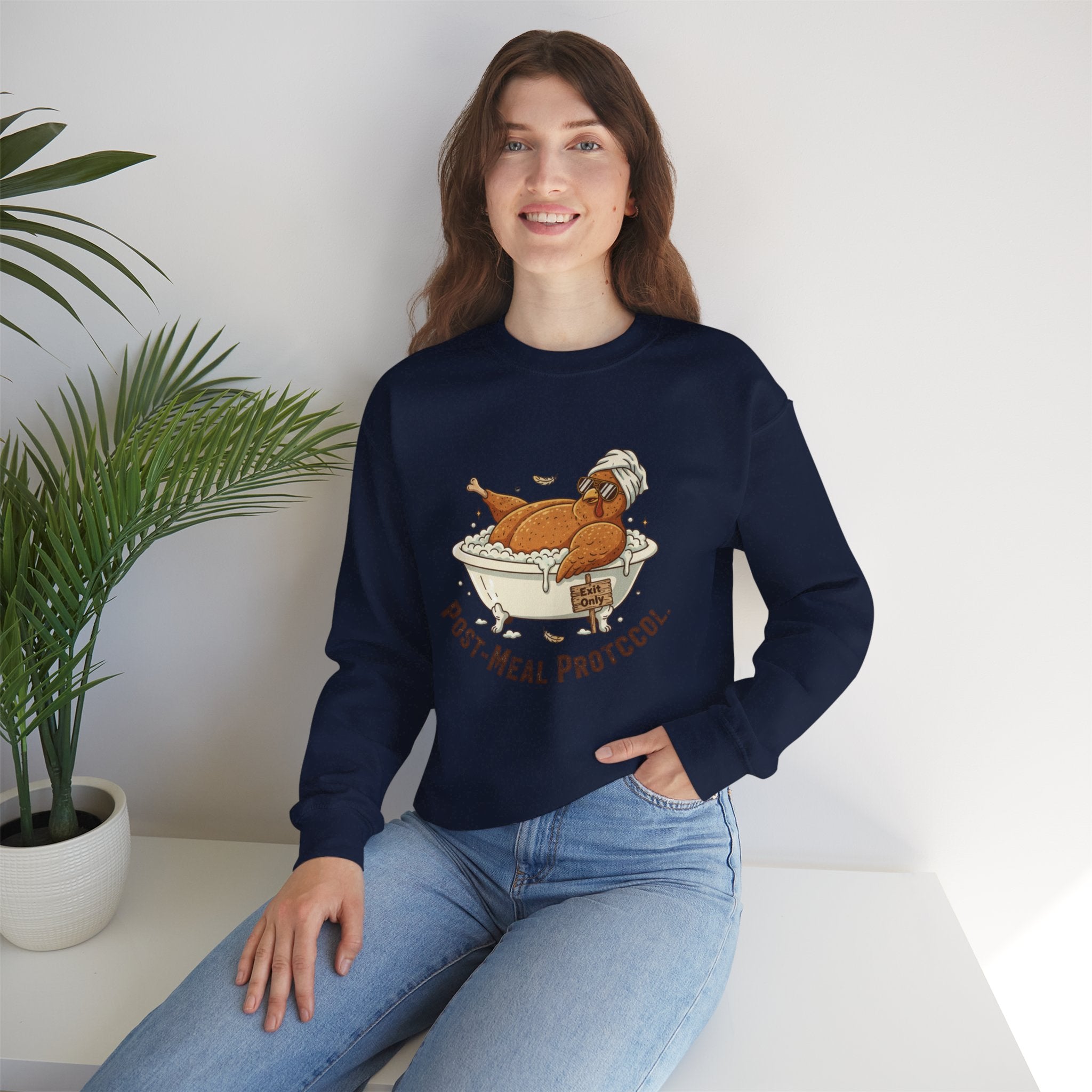 Crewneck Sweatshirt — "Post-Meal Protocol" Turkey Bath Cozy Graphic Pullover