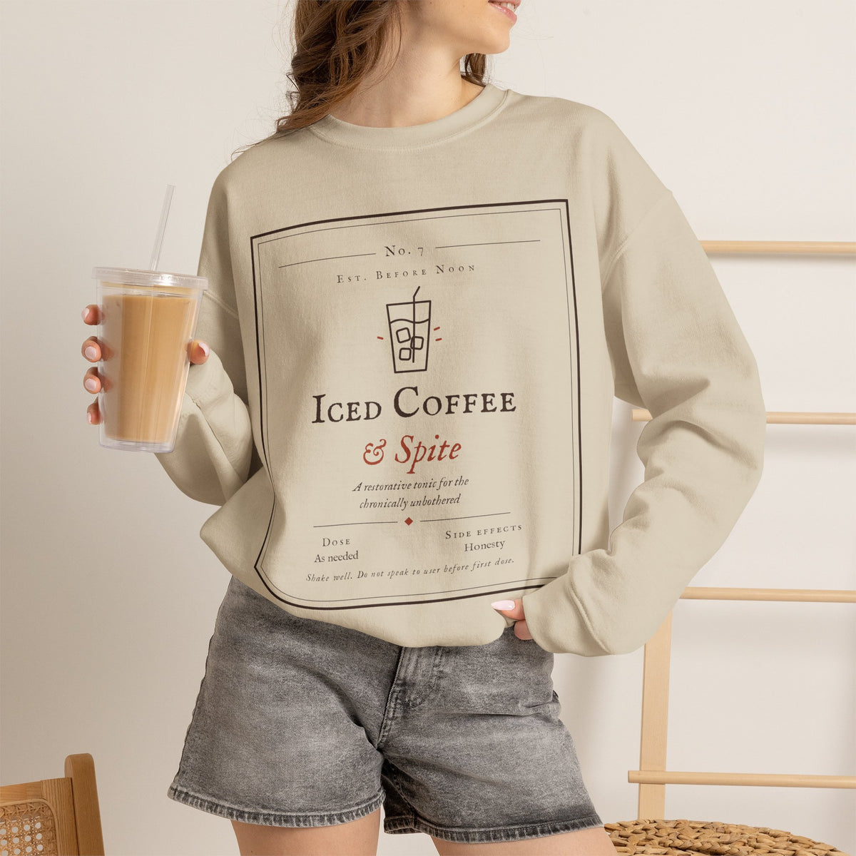 Iced Coffee & Spite Crewneck Sweatshirt - Minimal Café Graphic Sweater