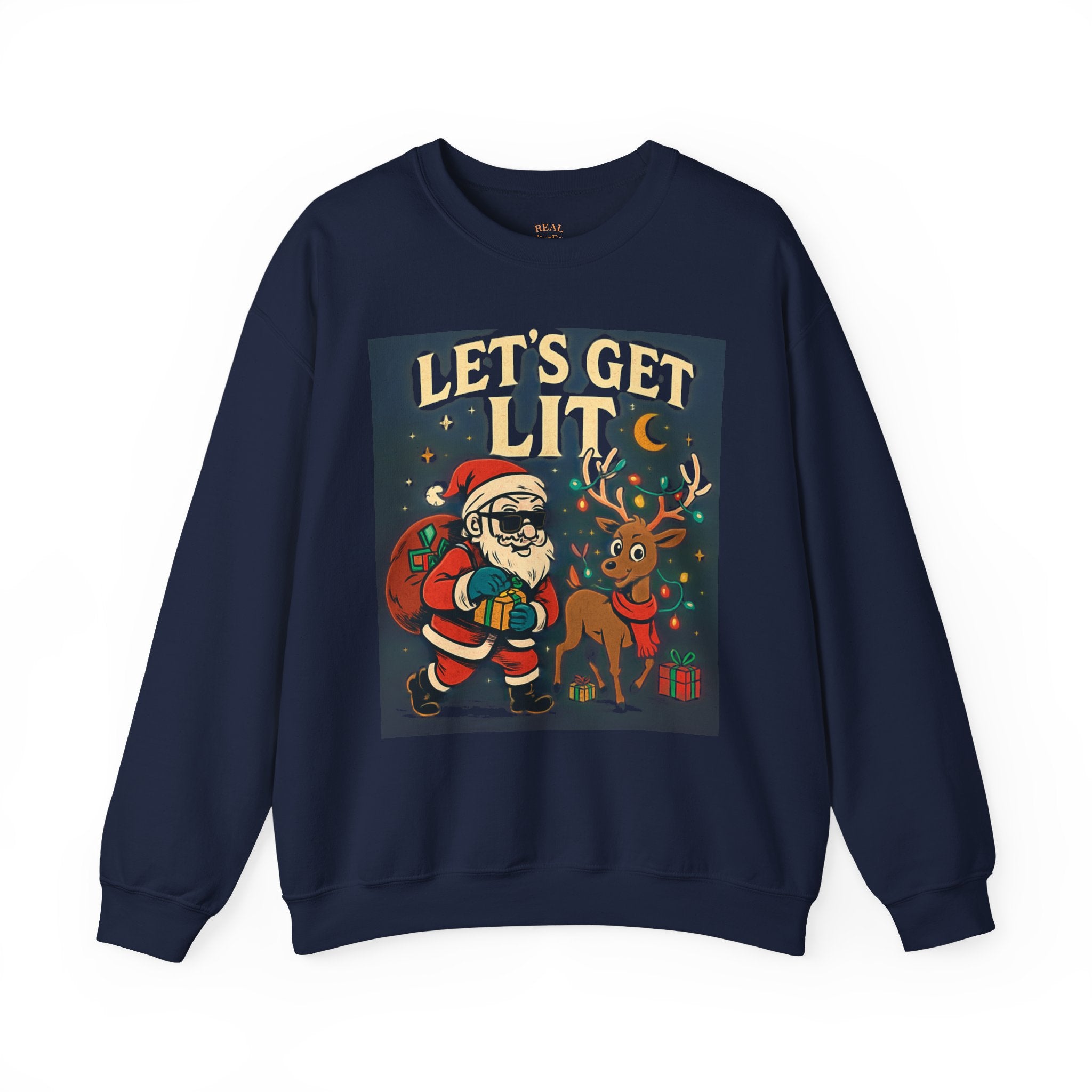 Crewneck Sweatshirt — 'Let's Get Lit' Santa & Reindeer Christmas Pullover