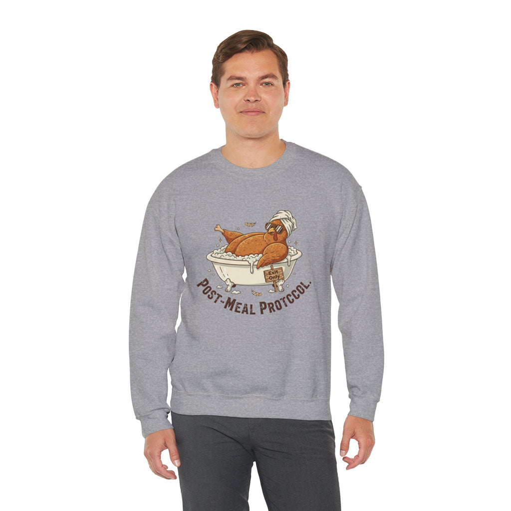 Crewneck Sweatshirt — "Post-Meal Protocol" Turkey Bath Cozy Graphic Pullover