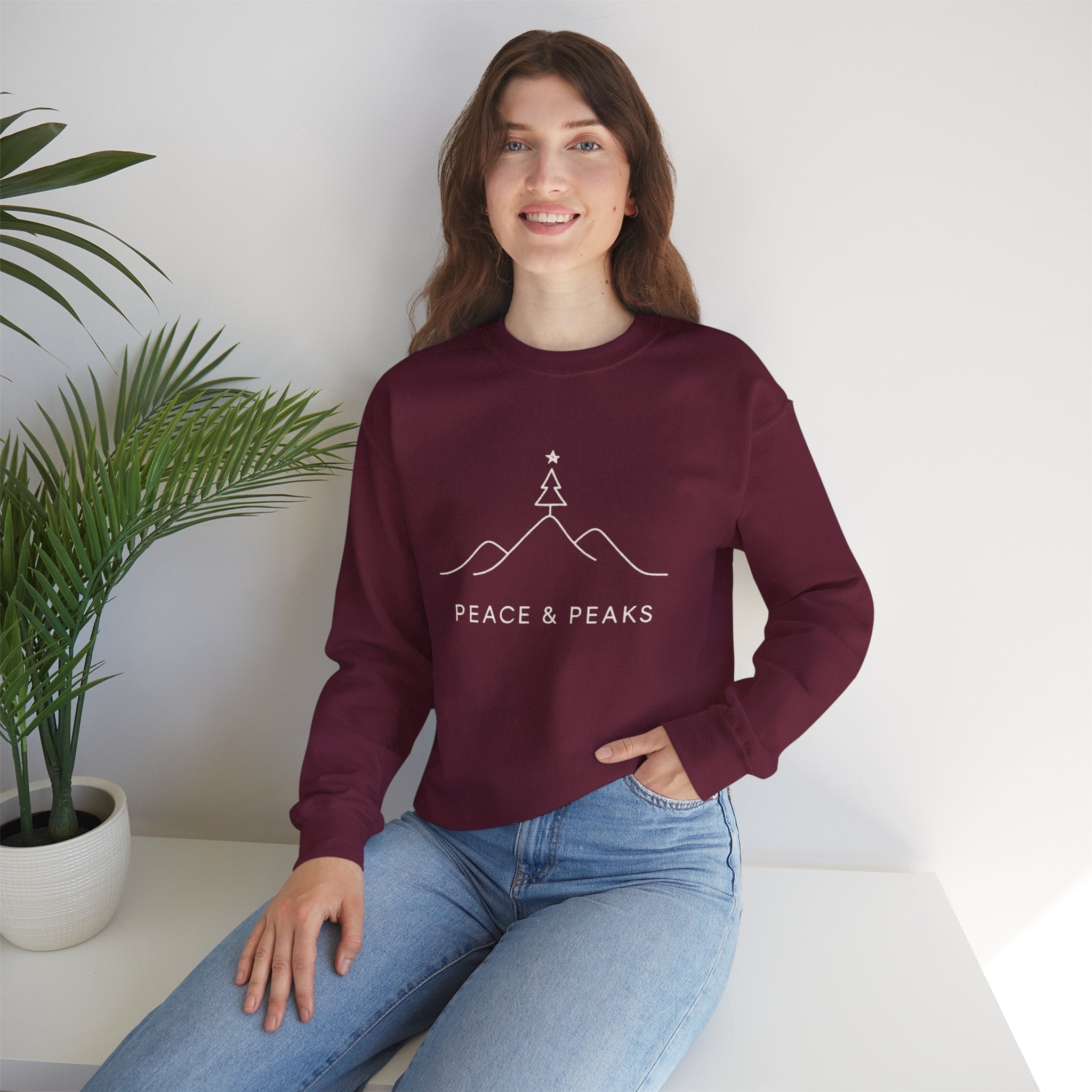 Peace & Peaks Sweatshirt — Minimal Mountain Christmas Crewneck